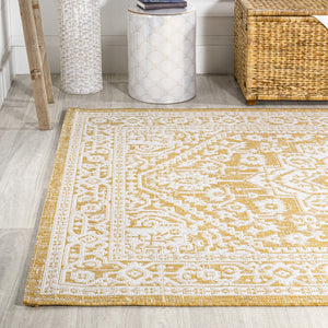 HomeRoots 9' Yellow and Cream Medallion Indoor Outdoor Area Rug - Stylish, Durable, and Easy to Maintain for All Spaces 702979