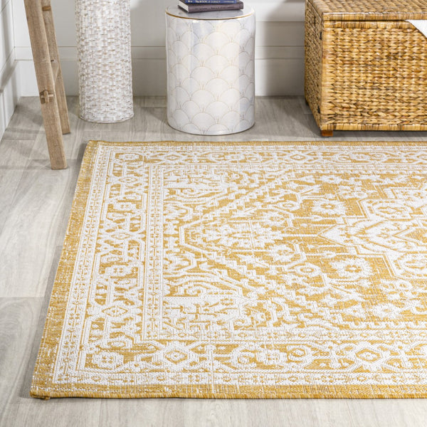 HomeRoots 9' Yellow and Cream Medallion Indoor Outdoor Area Rug - Stylish, Durable, and Easy to Maintain for All Spaces 702979