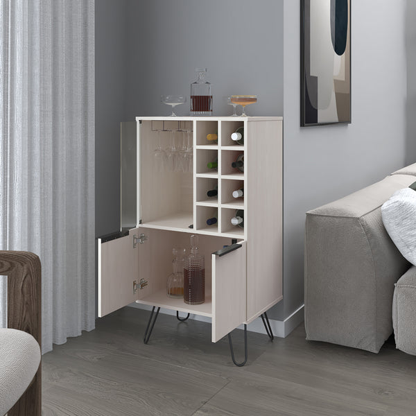 English Elm Bar Cabinet Gassville White Oak Finish with 8 Bottle Racks, Glass Rack & Spacious Lower Storage B092P228576