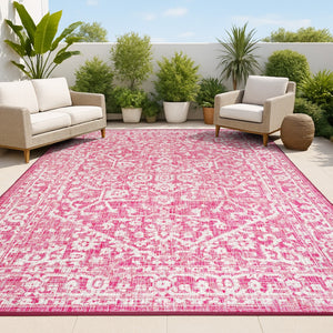 HomeRoots 5' Medallion Indoor Outdoor Area Rug in Fuchsia & Light Gray - Durable, Stylish, Easy Care! 702982