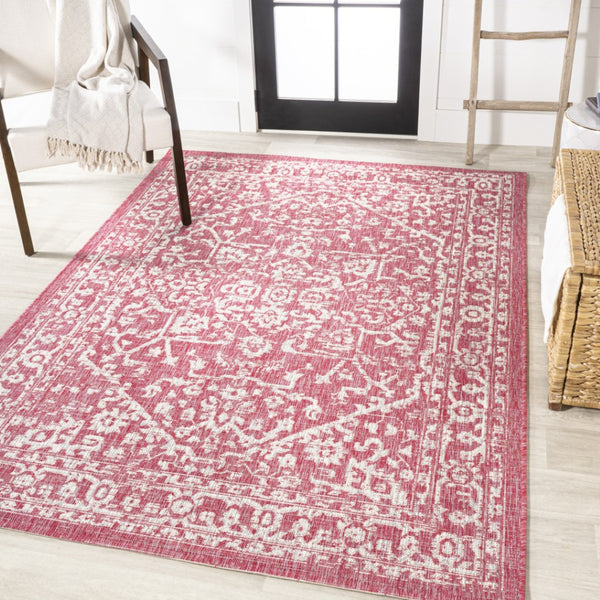 HomeRoots 5' Medallion Indoor Outdoor Area Rug in Fuchsia & Light Gray - Durable, Stylish, Easy Care! 702982