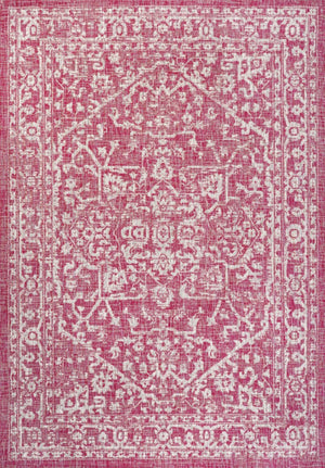 HomeRoots 5' Medallion Indoor Outdoor Area Rug in Fuchsia & Light Gray - Durable, Stylish, Easy Care! 702982