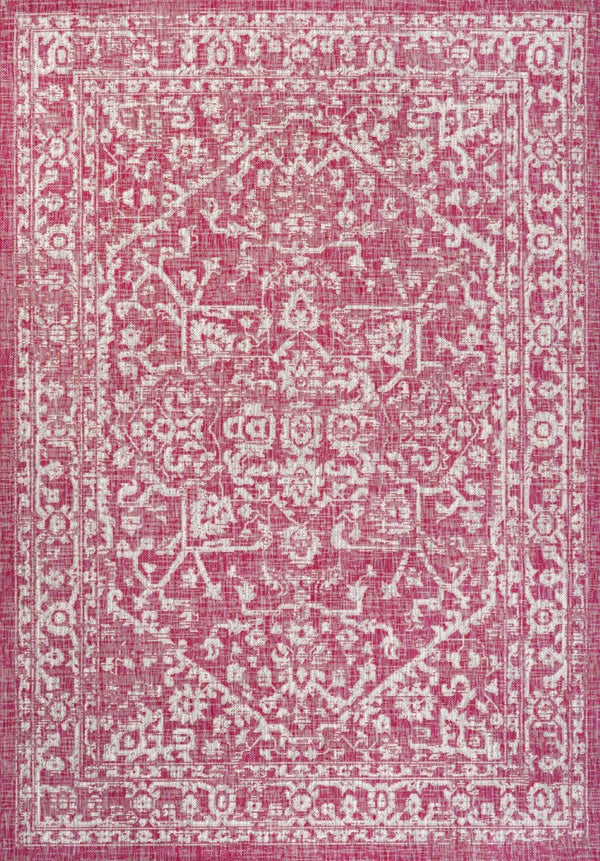 HomeRoots 5' Medallion Indoor Outdoor Area Rug in Fuchsia & Light Gray - Durable, Stylish, Easy Care! 702982