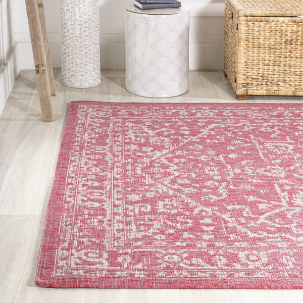 HomeRoots 5' Medallion Indoor Outdoor Area Rug in Fuchsia & Light Gray - Durable, Stylish, Easy Care! 702982