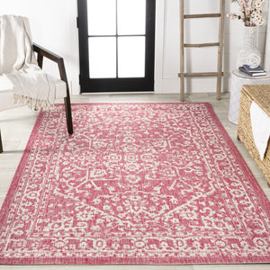 HomeRoots 5' Medallion Indoor Outdoor Area Rug in Fuchsia & Light Gray - Durable, Stylish, Easy Care! 702982