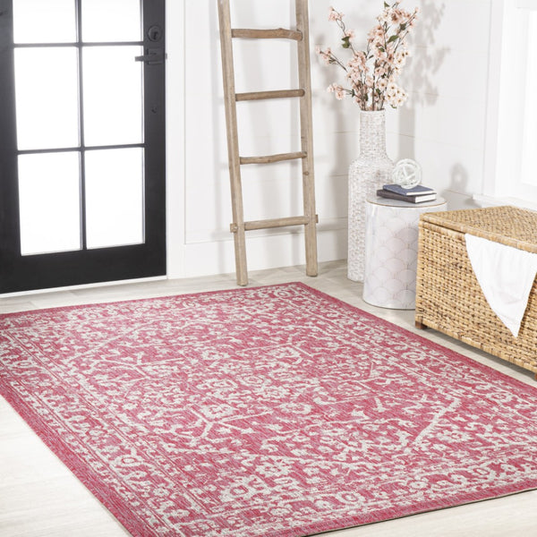HomeRoots 5' Medallion Indoor Outdoor Area Rug in Fuchsia & Light Gray - Durable, Stylish, Easy Care! 702982