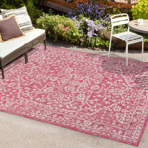 HomeRoots 5' Medallion Indoor Outdoor Area Rug in Fuchsia & Light Gray - Durable, Stylish, Easy Care! 702982