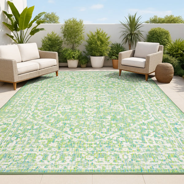 HomeRoots 8' X 10' Cream and Green Medallion Indoor-Outdoor Area Rug - Durable, Stylish, Low-Maintenance Décor 702988
