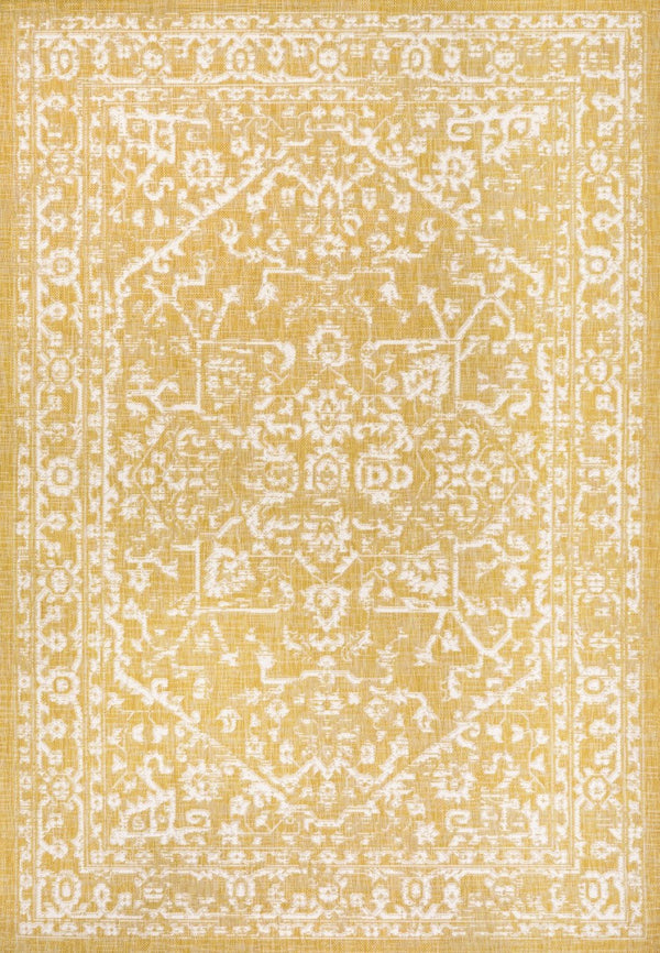 HomeRoots 8' Yellow and Cream Medallion Area Rug - Stylish, Durable, Indoor-Outdoor Design for Any Space! 702993