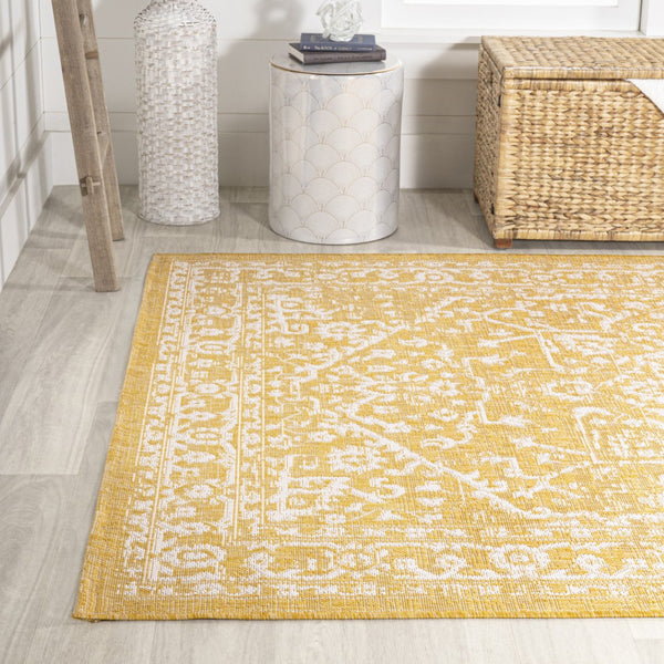 HomeRoots 8' Yellow and Cream Medallion Area Rug - Stylish, Durable, Indoor-Outdoor Design for Any Space! 702993