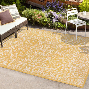 HomeRoots 8' Yellow and Cream Medallion Area Rug - Stylish, Durable, Indoor-Outdoor Design for Any Space! 702993