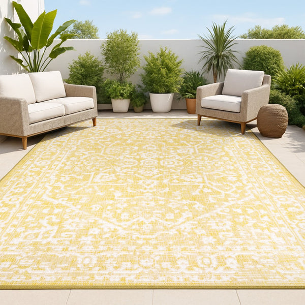 HomeRoots 9' X 12' Yellow And Cream Medallion Rug - Versatile Indoor/Outdoor Area Rug for Stylish Living Spaces 702994
