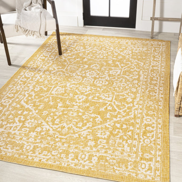 HomeRoots 9' X 12' Yellow And Cream Medallion Rug - Versatile Indoor/Outdoor Area Rug for Stylish Living Spaces 702994