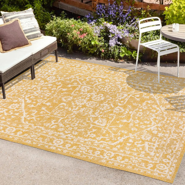 HomeRoots 9' X 12' Yellow And Cream Medallion Rug - Versatile Indoor/Outdoor Area Rug for Stylish Living Spaces 702994