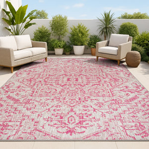 HomeRoots 8' X 10' Light Gray & Fuchsia Medallion Area Rug - Durable, Stylish for Indoor & Outdoor Spaces 702998