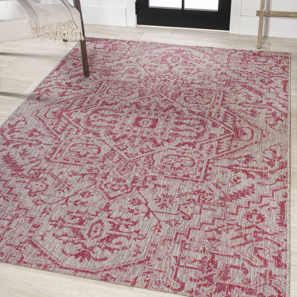 HomeRoots 8' X 10' Light Gray & Fuchsia Medallion Area Rug - Durable, Stylish for Indoor & Outdoor Spaces 702998