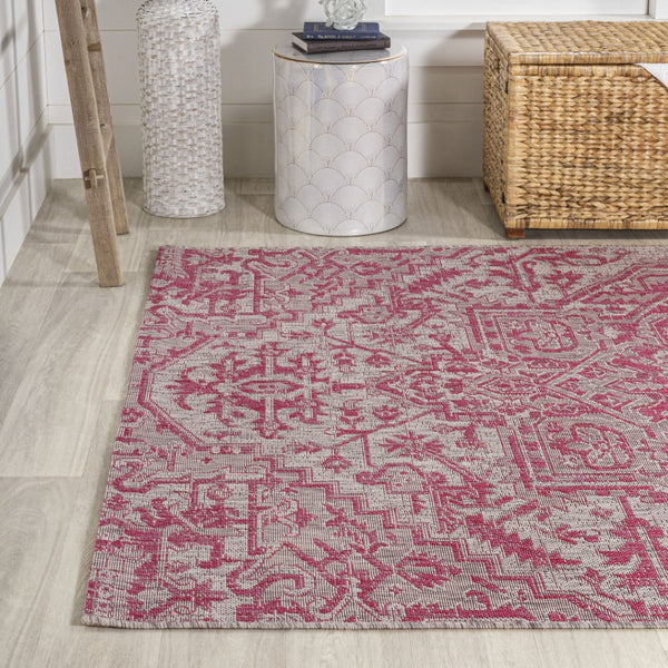HomeRoots 8' X 10' Light Gray & Fuchsia Medallion Area Rug - Durable, Stylish for Indoor & Outdoor Spaces 702998