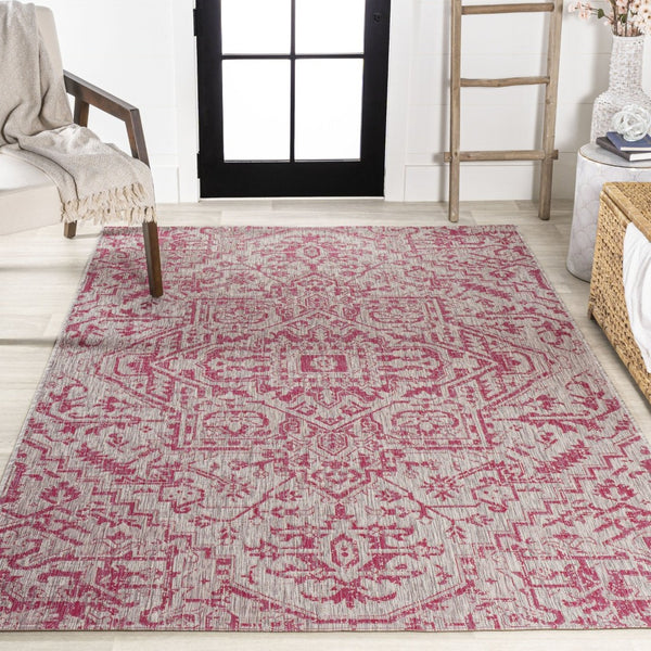 HomeRoots 8' X 10' Light Gray & Fuchsia Medallion Area Rug - Durable, Stylish for Indoor & Outdoor Spaces 702998