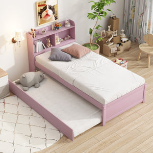 English Elm Twin Pink Trundle Bed with Bookcase Headboard — Space-Saving Twin Bed for Small Rooms, Storage Friendly W504P317860