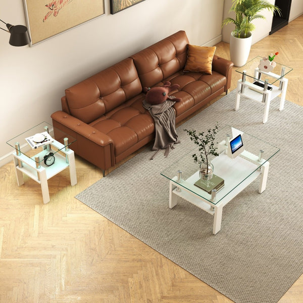 English Elm Set Of 2 Modern Square Side Tables - Sleek Tempered Glass & Mdf For Stylish Living Room Decor W241P300308-GIGA