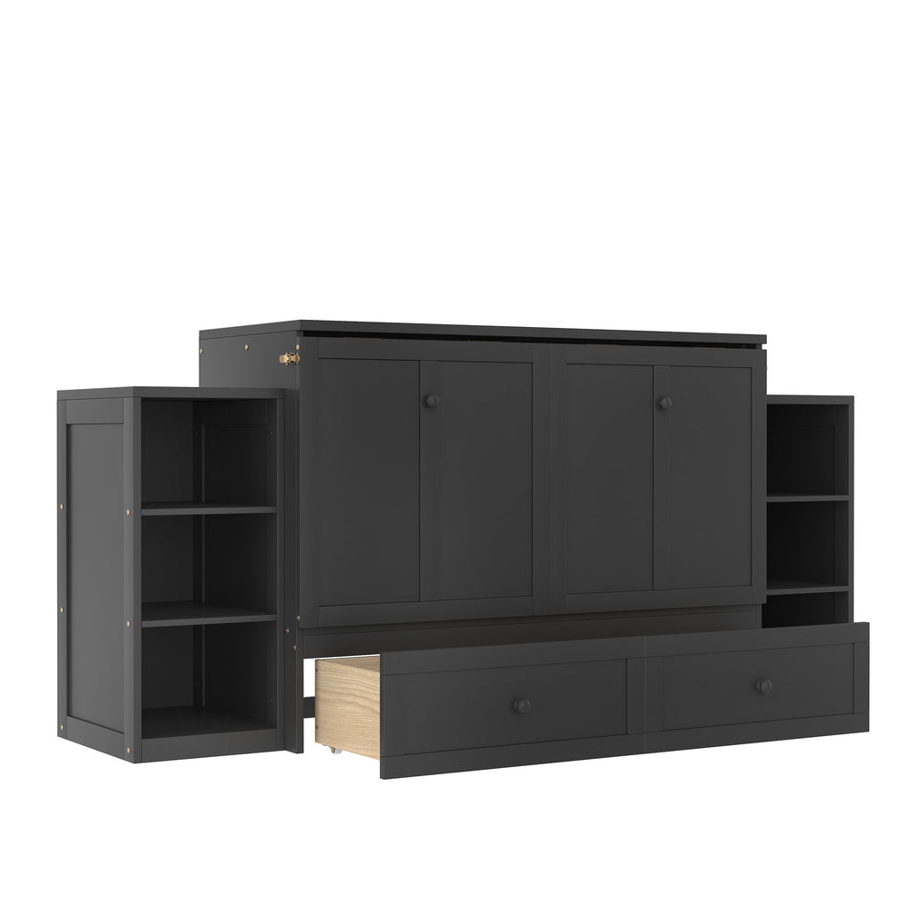 English Elm Full-Size Murphy Bed With Spacious Storage Drawers & Shelves - Vintage Dark Gray For Compact Living W1580S00253