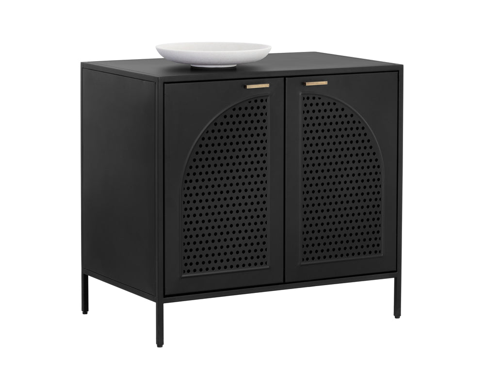 Sunpan Aziza Nightstand: Timeless Black Metal Frame with Brass Handles & Unique Arched Shelving Design