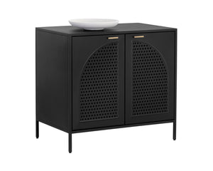 Sunpan Aziza Nightstand: Timeless Black Metal Frame with Brass Handles & Unique Arched Shelving Design