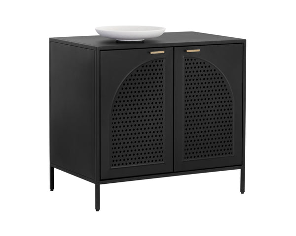 Sunpan Aziza Nightstand: Timeless Black Metal Frame with Brass Handles & Unique Arched Shelving Design