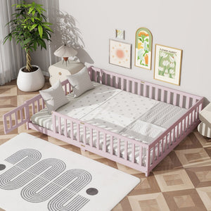 English Elm Queen Rubber Wood Floor Bed with Full Perimeter Safety Fence and Hinged Access Door Pink W504P429344