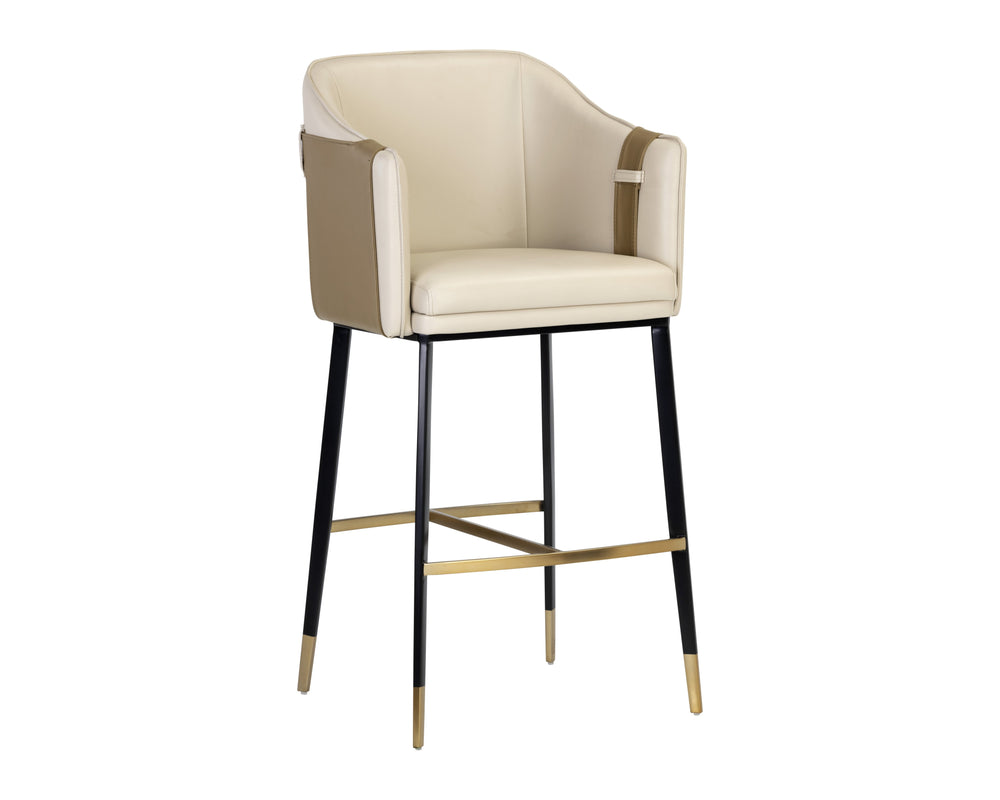 Sunpan Carter Barrel Back Barstool in Faux Leather with Black Steel Legs and Copper Foot Caps for Elegance Napa Beige / Napa Tan