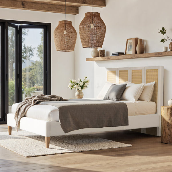 English Elm Jennifer Taylor Home - Toscana Queen Upholstered Cane Back Bed - Coastal Elegance In Antique White With Rattan Panels B2719P385736