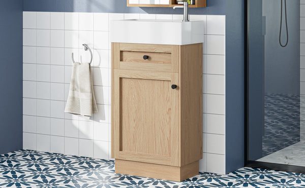 English Elm 18.5" Rustic Bathroom Vanity with Reversible Resin Sink, Wood Grain Melamine, Soft-Close Door, Adjustable Shelf N729P285512N