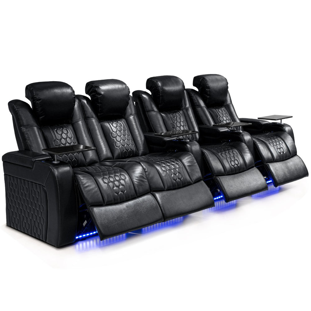 English Elm 124.4"power Reclining Sectional Top-grain Leather Home Theater Set with Rgb Lighting W3819S00096