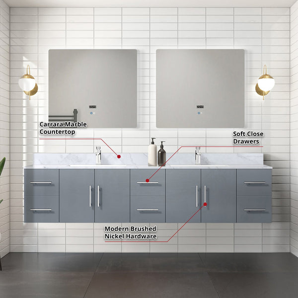 English Elm Dark Grey Double Bath Vanity 84" W x 22" D with Carrara Marble Top, Chrome Faucets & LED Mirrors B2731S01051