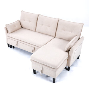 English Elm L-Shaped Reversible Chaise Sectional Sofa with Storage and Fold-Out Bed Cotton-Linen Modern Design Beige W3371S00024