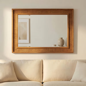 English Elm Natural Rattan Wrapped Solid Wood Frame Rectangle Mirror for Farmhouse Entryway Bath Yellowish-Brown W2203P436625