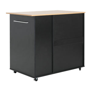 English Elm Mobile Rolling Kitchen Island with 3 Drawers Matte Black Cabinet and Natural Wood Top N779P373196B