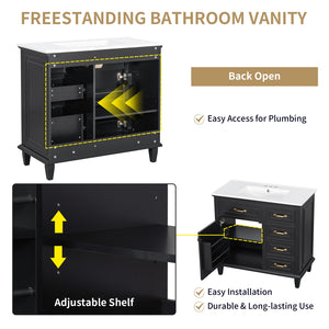 English Elm 36 Inch Bathroom Vanity With Ceramic Sink Top, Solid Wood Frame & Smart Storage Solutions For Style N725P336554B