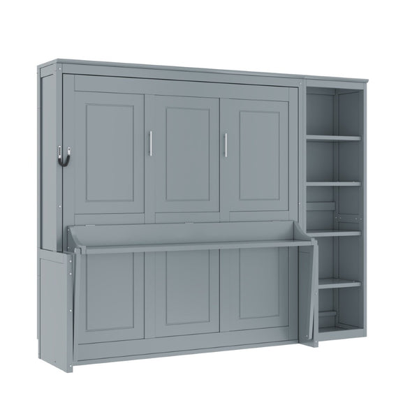 English Elm Queen Size Murphy Bed With Integrated Desk & Bookshelf – Stylish Gray Space-Saving Solution! N7090004016E-GIGA