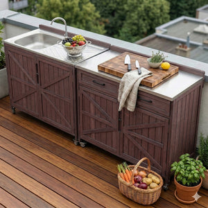 English Elm K&k Outdoor Prep Station Stainless Steel Top Fir Wood Cabinet with Drawer and Wheels Dark Brown N707P370273Z