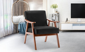 English Elm Mid-Century curved armchair with solid wood frame, extra-thick backrest, comfy lounge seat for home decor Black PU W2200P186174