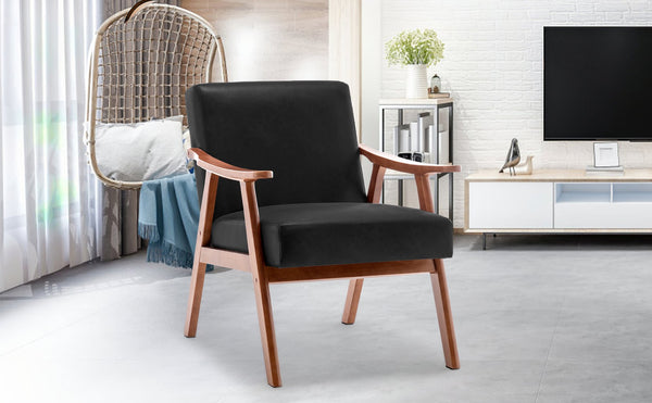 English Elm Mid-Century curved armchair with solid wood frame, extra-thick backrest, comfy lounge seat for home decor Black PU W2200P186174