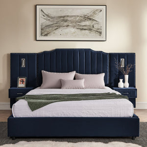 English Elm Queen Velvet Platform Bed with Tufted Headboard Integrated Nightstands and Striped Design Dark Blue W487S00442