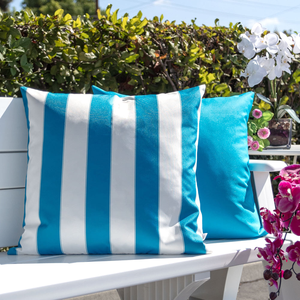 English Elm Horizon Stripe Pillow - Aqua Coastal Accent For Indoor & Outdoor Comfort, Weather Resistant Design B357P367223