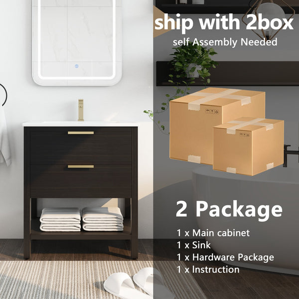 English Elm 30 inch Freestanding Bathroom Vanity with Ceramic Sink, 2 Soft-Close Drawers, Golden Metal Handles, Sturdy Legs, Easy Install — Durable Storage & Elegant Finish W999S00121