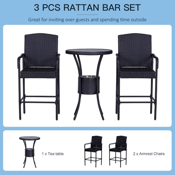 English Elm Outsunny 3-Piece Rattan Wicker Bar Set With Ice Bucket, Stylish Patio Furniture For Poolside Relaxation W2225P217540-GIGA