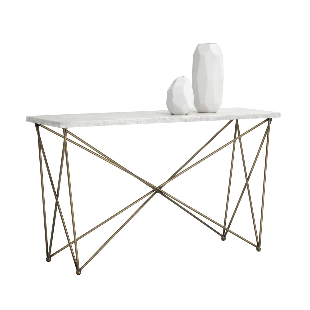 Sunpan Skyy Console Table - Elegant 1.25" Carrara Marble with Antique Brass Frame for Home or Office Decor