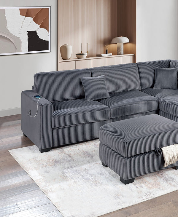 English Elm Dark Gray Wide-Welt Corduroy Sectional Sofa 3pc L-Shaped Reversible Chaise w/ USB Storage Ottoman B011S01771