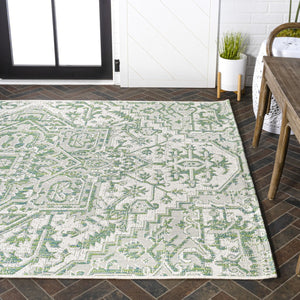 HomeRoots 8' Green and Cream Medallion Area Rug – Timeless Elegance for Indoor and Outdoor Spaces, Durable Design 703003
