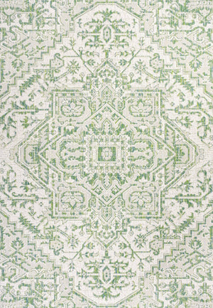 HomeRoots 9' X 12' Elegant Green and Cream Medallion Area Rug for Indoor and Outdoor Spaces, Fade-Resistant Design 703004
